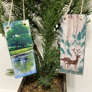 Reindeer Trees Landscape Hand Decorated Wood Hand Painted Decoupaged Ornaments